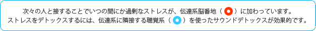 次々の人と接することでいつの間にか過剰なストレスが、伝達系脳番地に加わっています。ストレスをデトックスするには、伝達系に隣接する聴覚系を使ったサウンドデトックスが効果的です